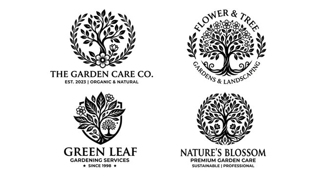 Gardening company logos with tree designs.
