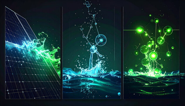 Eco-Conscious Energy Synthesis: A triptych showcasing the convergence of renewable solar energy, a molecular structure, and vibrant biological growth, all emerging from flowing water.