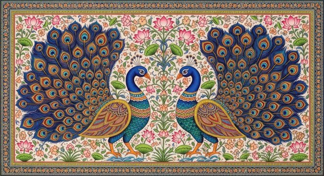 Exquisite Indian Miniature Painting of Two Majestic Peacocks Displaying Their Feathers.