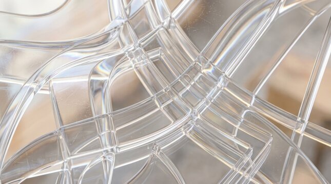 Abstract, transparent, geometric shapes interwoven in a chaotic, interlocking pattern, with a blurred, warm, wooden background.