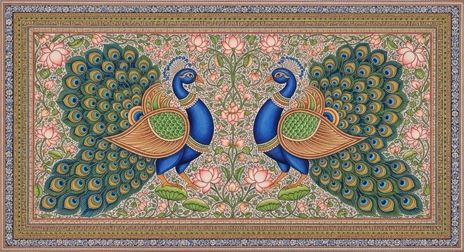 Exquisite Indian Miniature Painting of Two Majestic Peacocks in Full Display.