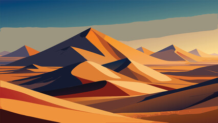 Sunset desert landscape with giant sand dunes and soft lighting arid wilderness view landscape wilderness environment formation background abstract illustration geography creative sandscape © MAX