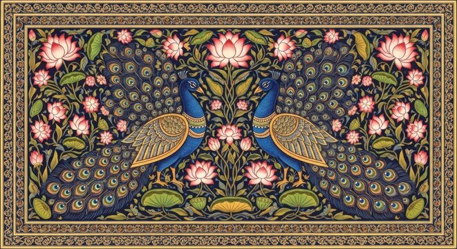 Exquisite Indian Miniature Painting of Two Peacocks Amidst Floral Abundance.