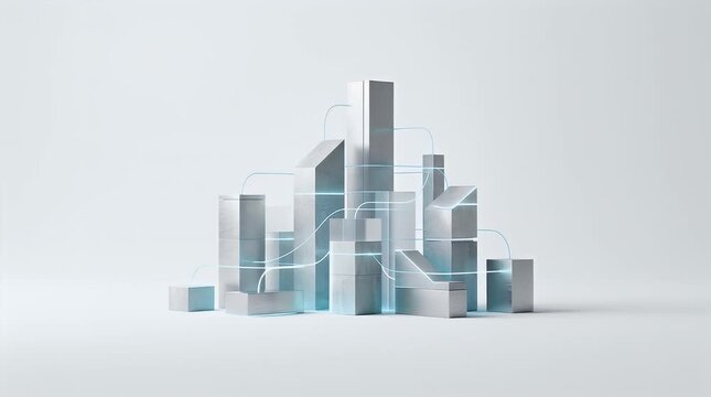 Futuristic Metallic Cityscape with Glowing Blue Lines Materializing in a Bright, Minimalist Environment