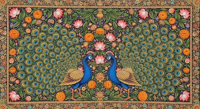 Exquisite Indian Miniature Painting of Two Peacocks Amidst Floral Abundance.