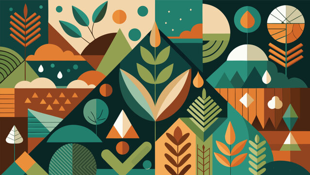 Abstract geometric pattern of nature and agricultural landscape elements with agriculture geometry abstract illustration environment cultivation landscape colorful background botanical