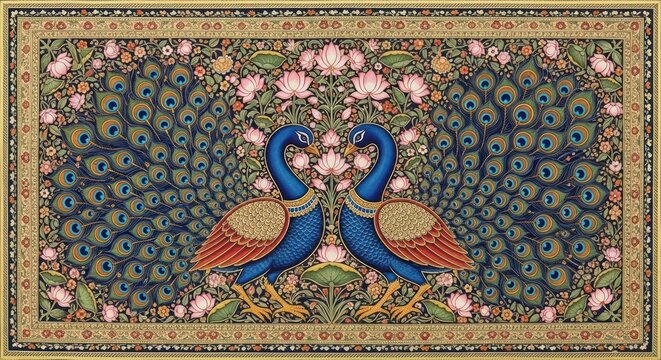 Exquisite Indian Miniature Painting of Two Peacocks Amidst Floral Designs.