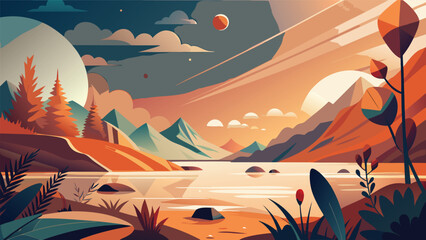 Stylized alien landscape with celestial moons and mountain horizon landscape mountains celestial exploration illustration wilderness environment universe creative abstract atmosphere © MAX