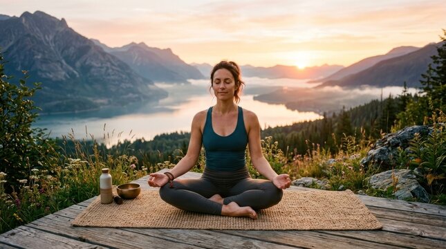 A woman in a green tank top and black leggings meditates on a woven mat with a scenic mountain and lake view at sunset.