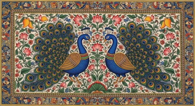 Exquisite Indian Miniature Painting of Two Peacocks Amidst Floral Designs.