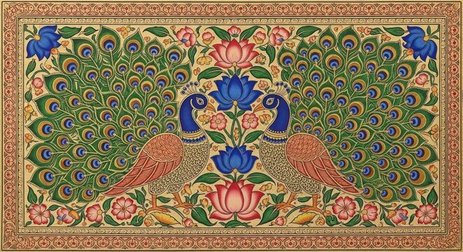 Exquisite Indian Miniature Painting of Two Peacocks Amidst Floral Designs.