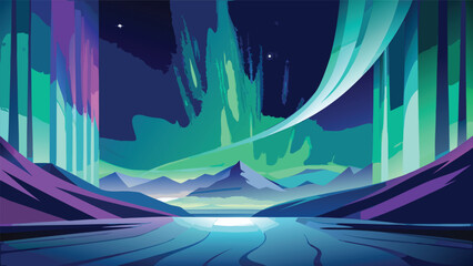 Mesmerizing aurora borealis display above snowy polar mountain range at night with borealis northern mountain landscape wilderness phenomenon reflection tranquil environment celestial © MAX