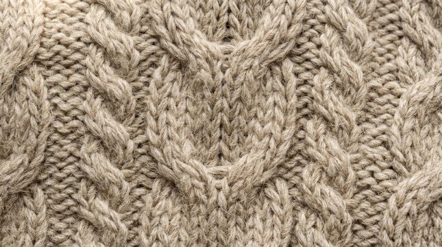 A textured, beige knitted fabric with intricate cable patterns, showcasing the craftsmanship of hand knitting. 