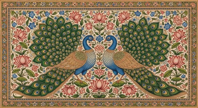 Exquisite Indian Miniature Painting of Two Peacocks Amidst Floral Designs.