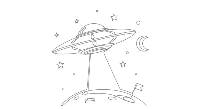 Cartoon UFO Alien Spaceship Abducting Moon Surface with Stars and Crescent Moon