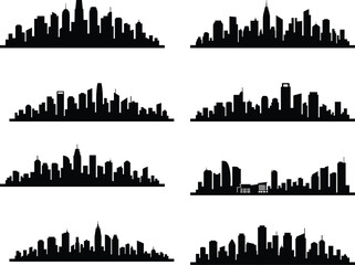 Obraz premium Set of black city skyline silhouettes featuring various modern architectural buildings and metropolitan urban landscapes