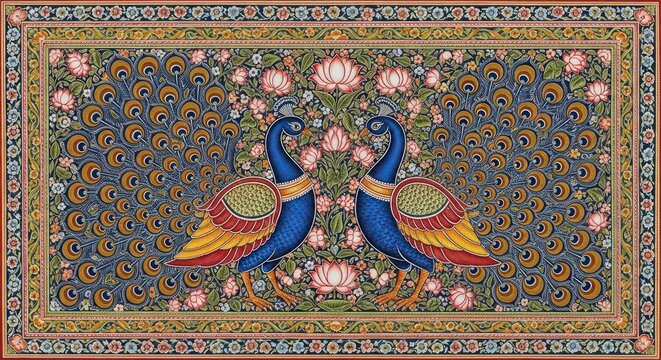 Exquisite Indian Miniature Painting of Two Peacocks Amidst Floral Designs.