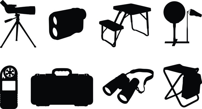 Set of outdoor surveillance long range shooting and observation equipment black vector silhouettes isolated on white background