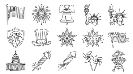 Obraz premium USA Independence Day Icons: American Flag, Liberty Bell, Capitol, Fireworks, Eagle