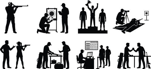 Set of professional target shooting sports tournament and firearms coaching black vector silhouettes isolated on white background © MdSajadul