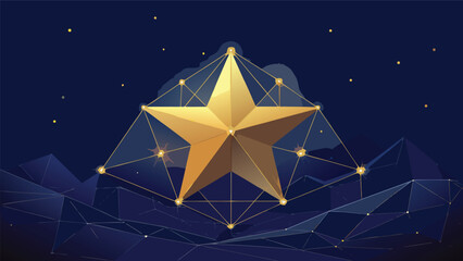 Large golden star symbol floating above a geometric constellation night sky map with constellation astronomy universe geometric connection achievement leadership abstract astrology background © MAX