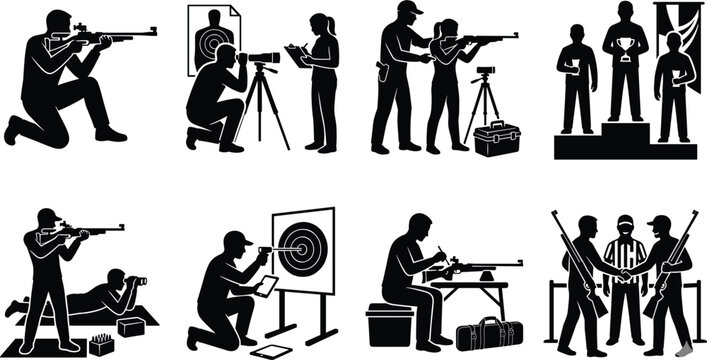Shooting range training silhouettes set with rifle shooters, instructor, targets and award ceremony scenes
