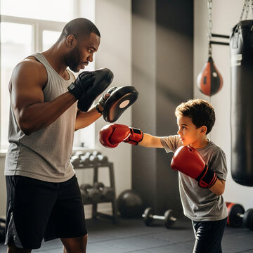 African American father coaching his young son in boxing training at a modern gym, boy punching focus mitts held by mentor for fitness and discipline.