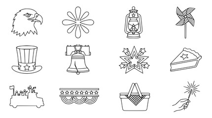 Obraz premium American Independence Day Icons: Eagle, Hat, Pie, Lantern, Bell, Sparkler & More
