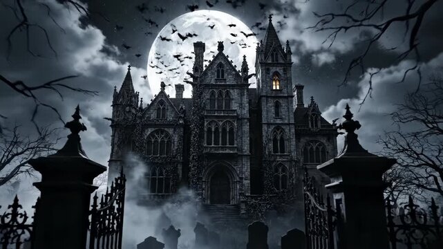 Eerie gothic mansion illuminated by a large full moon at night with mist, graveyard headstones, ornate iron fence, and silhouetted leafless trees in a dark spooky atmosphere.