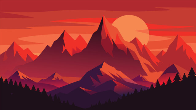 Panoramic mountain peaks against a red sunset sky with pine trees mountains landscape silhouette adventure wilderness climbing illustration artistic dramatic peaceful topography background