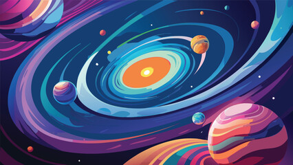 Colorful planetary system orbiting a radiant central star in deep space with astronomy universe celestial exploration illustration background abstract colorful wallpaper composition elements © MAX