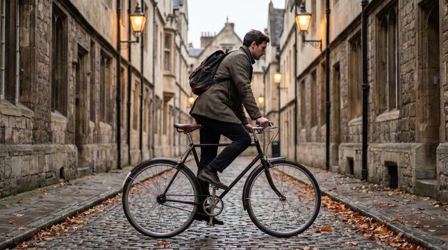 Stylish man in a tweed jacket riding a vintage bicycle on a cobblestone street in an old city