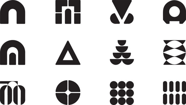 Diverse collection of abstract geometric including arches squares triangles and stacked shapes in a bold black and white