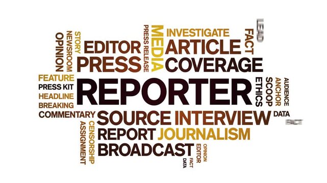 Reporter animated word cloud-text design animation tag kinetic typography seamless loop.