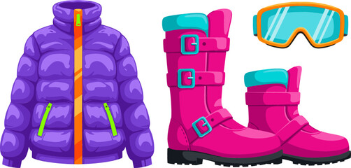 Winter Sportswear Vector Element Set Featuring Purple Puffer Down Jacket Pink Ski Boots and Cyan Snowboard Goggles for Cold Weather Graphic Designs © Sufea