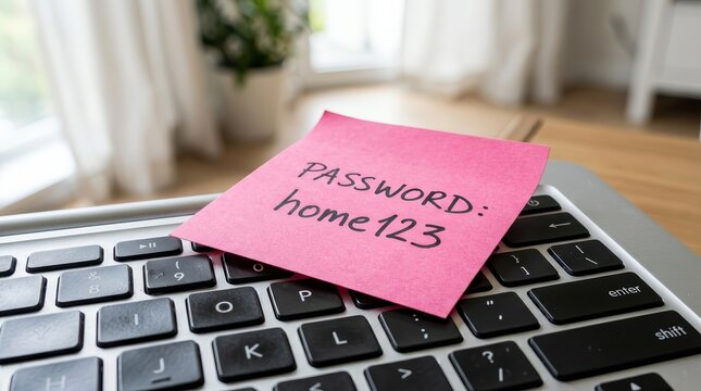 A close-up view of a weak password written on a pink sticky note atop a computer keyboard.