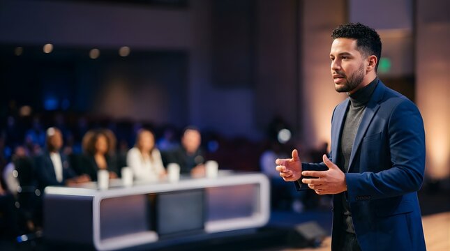 Professional man speaking to an audience at a corporate conference event