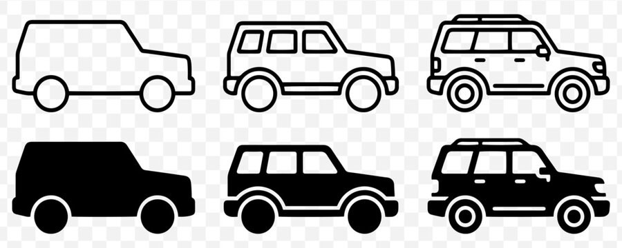Suv Icons Black And White Line Art On Transparent Background