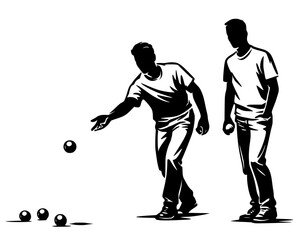 Vector silhouette of two players in ball game, one throwing toward group of balls. Minimalist design symbolizing leisure, focus, and traditional sport. © Suriya