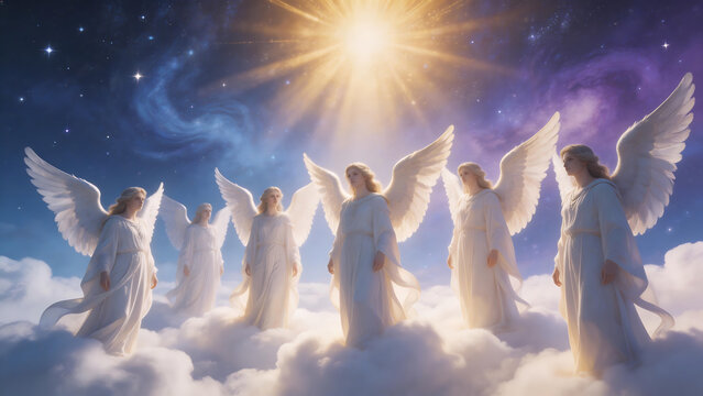 Angels in the sky with clouds and stars