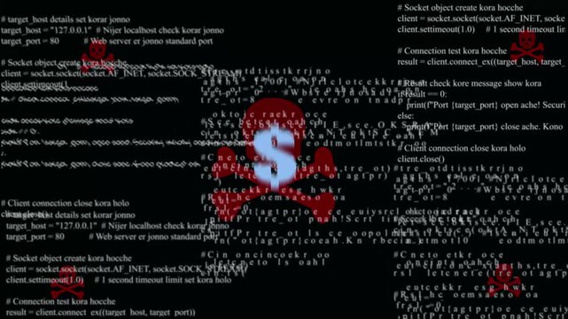 Ransomware cyber attack concept with glowing red skull and dollar sign vector over digital computer code matrix background