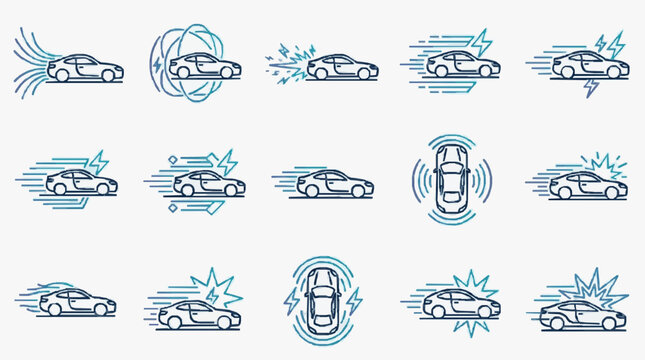 Modern Illustrated Icons of Cars Experiencing Various High Tech and Safety Features with Dynamic Blue Effects