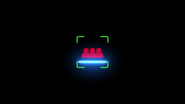 Multiple Users Scan Loop Animation with Group Face ID Facial Recognition Scanner Symbol and Glowing Blue Laser Line, with Cyber Security Website Interface Vector Motion Graphic Footage.