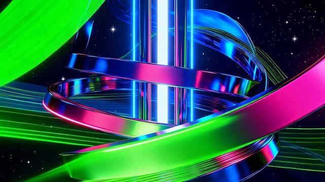 Abstract neon light ribbons in space
