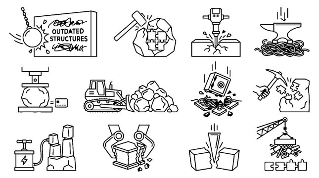 Demolition and Destruction Icons Set Featuring Heavy Machinery and Tools in Hand Drawn Sketch Style.