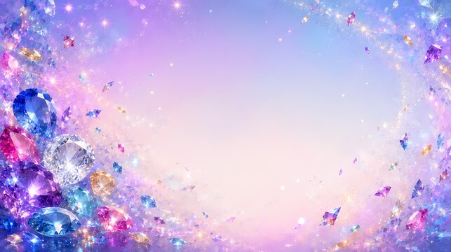 カラフルな宝石とダイヤモンドが光とともにきらめくデジタルアートの背景イラスト