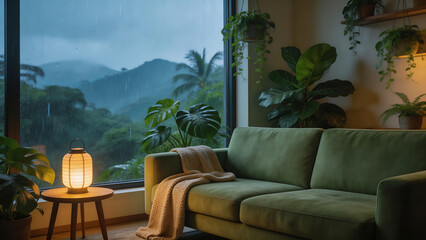 Obraz premium Cozy living room with rain view
