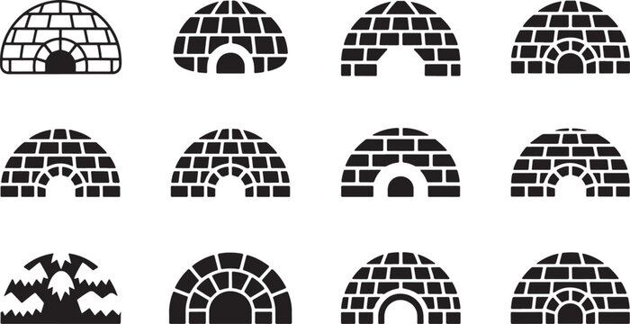 Set of twelve black and white igloo depicting various styles of Inuit dwellings and winter shelters snow house