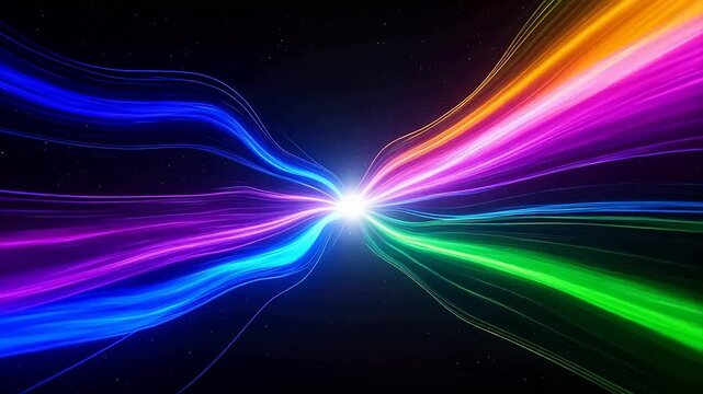 Colorful light beams converging in space