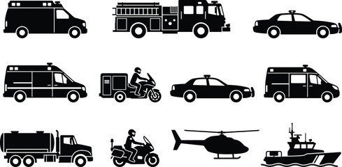 Emergency Response and Rescue Vehicle Icons Set with Ambulance Fire Truck Police and Helicopter © MdRobiul